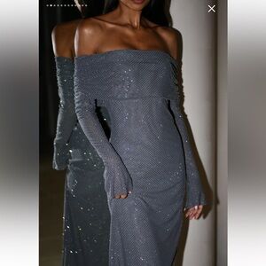 Marcel Off Shoulder Diamante Maxi Dress - Gunmetal